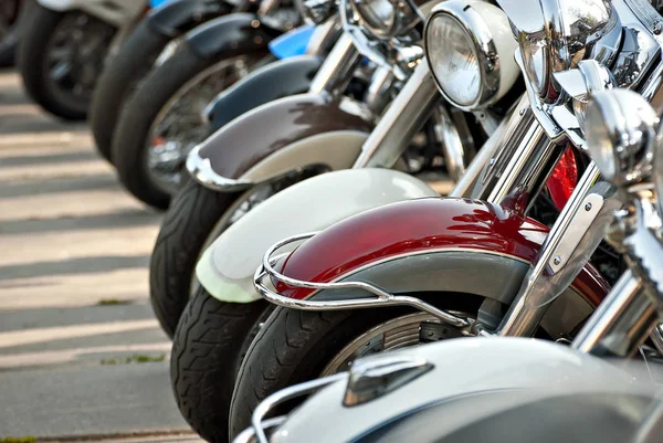 Motorcycles Placed Row Headlight Closeup Motorcycle Chrome Elements Stock Photo