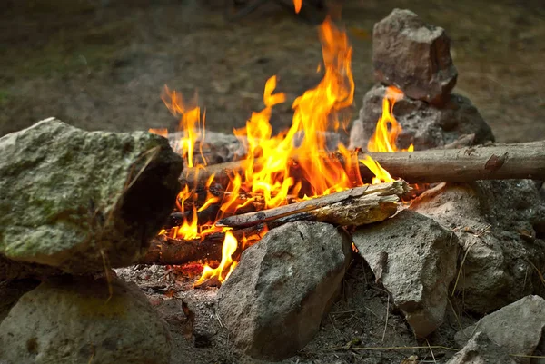 Firewood burns in the fire. Cooking on fire. Family vacation and hiking concept.
