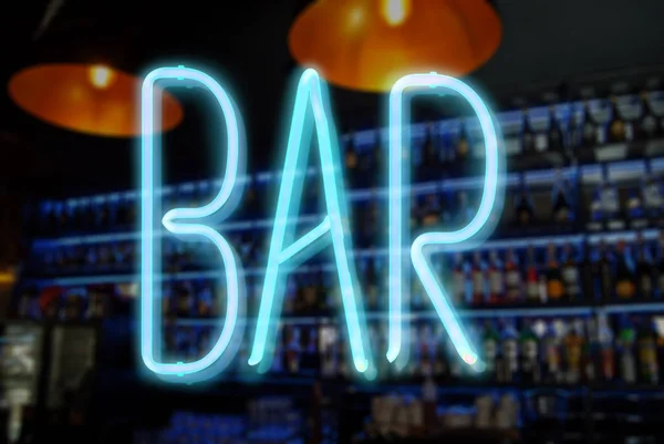 Blauwe Neon Inscriptie Bar Gloeiende Letters Wazige Bar Achtergrond Bar — Stockfoto