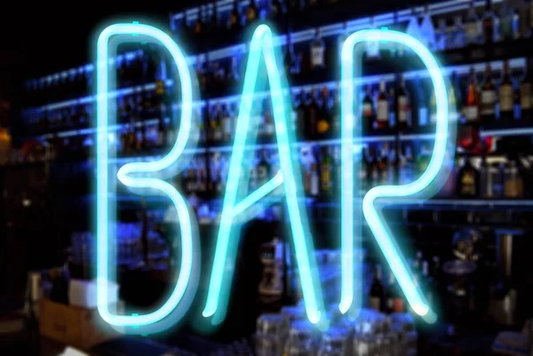 Iscrizione Blu Neon Bar Lettere Luminose Sfondo Bar Sfocato Bancone — Foto Stock