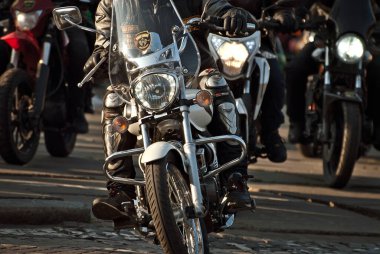 Ukraine, Chernivtsi. October 26, 2019. Downtown Bikers Festival. Columns of motorcyclists moving along the city's central street.