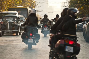 Ukraine, Chernivtsi. October 26, 2019. Downtown Bikers Festival. Columns of motorcyclists moving along the city's central street.