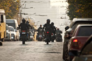 Ukraine, Chernivtsi. October 26, 2019. Downtown Bikers Festival. Columns of motorcyclists moving along the city's central street.