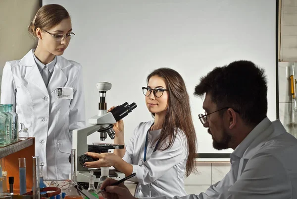 Equipo Científicos Trabajando Laboratorio Los Asistentes Realizan Experimentos Químicos Chica — Foto de Stock