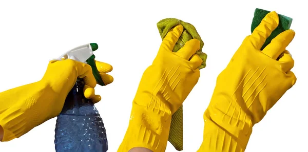 Gula Gummihandskar Närbild Handen Tvättar Fönstret Olika Fönster Rengöringsmedel Isolerad — Stockfoto