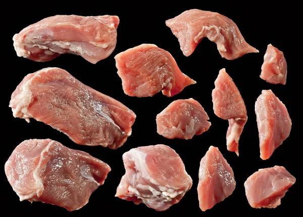 Кусочки Мяса Изолированы Черном Фоне Заготовка Дизайна Различные Куски Мяса — стоковое фото
