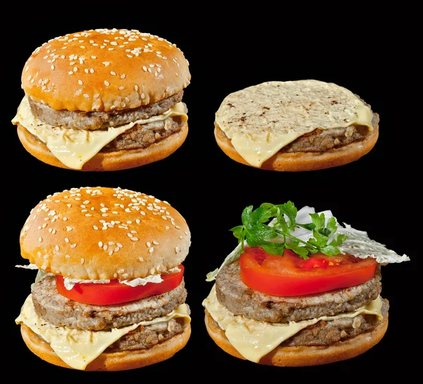 Burger Isoliert Auf Schwarzem Hintergrund Cheeseburger Mit Tomaten Und Kohl — Stockfoto