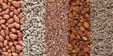 Baharat ve baharat dokuları. Ayçekirdeği, fıstık, kimyon, keten ve kuru üzüm yığını.