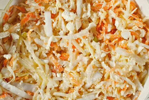 Salad Fresh Cabbage Carrots Cheese Homemade Salad Bowl — Stock Photo, Image