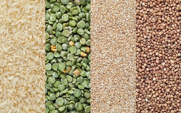 Textures of different cereals. Buckwheat, peas, rice and wheat on a heap.