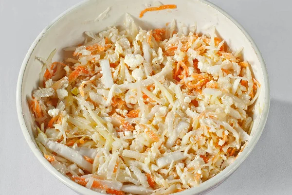 Salad Fresh Cabbage Carrots Cheese Homemade Salad Bowl — Stock Photo, Image