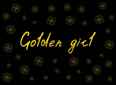 Aziz Patrick günü tebrik kartı altın ihale yonca yaprağı ve siyah arka plan üzerinde metin. Yazıt - altın kız. 