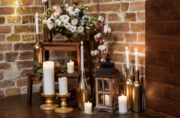 Bridal morning: burning candles on candlesticks and lantern — Stock Photo, Image