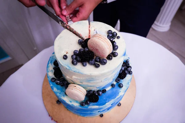 Dvouvrstvá modrá krém svatební dort zdobený borůvkami a macarons. Šťastní novomanželé Krájení dortu — Stock fotografie