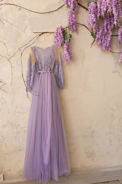 Belle Robe Lilas Violet Moelleux Est Accroché Mur Avec Escalade — Photo