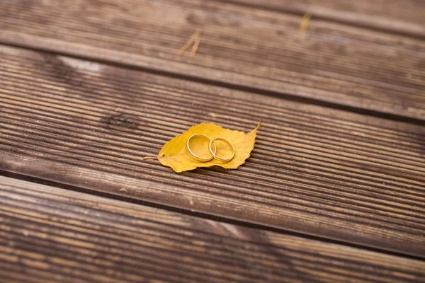 Zwei Goldene Eheringe Liegen Auf Dem Gelben Herbstblatt Details Zur — Stockfoto