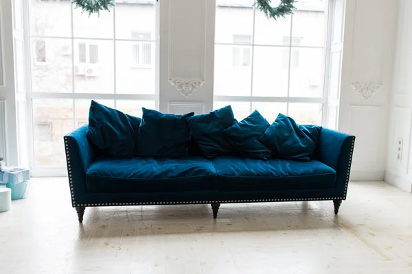 Modrá Rozkládací Bílé Jednoduché Obývacím Pokoji Moderní Barva Modré Sametové — Stock fotografie
