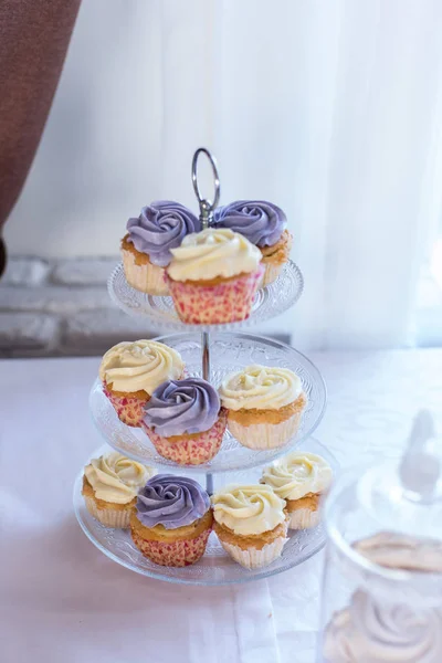 Muffins with cream, wedding sweet table. Purple and white cupcakes. Set of cupcakes. Colorful cream muffins. Catering