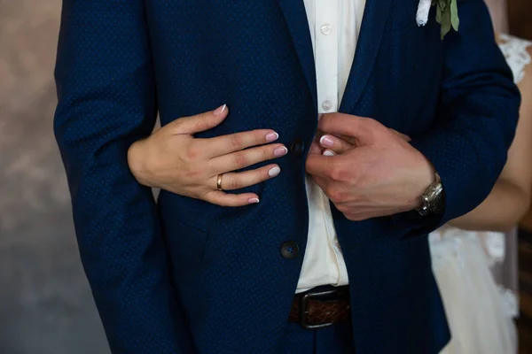 Bride Hugging Groom Hands Married Couple Golden Rings Love — Stock Photo, Image