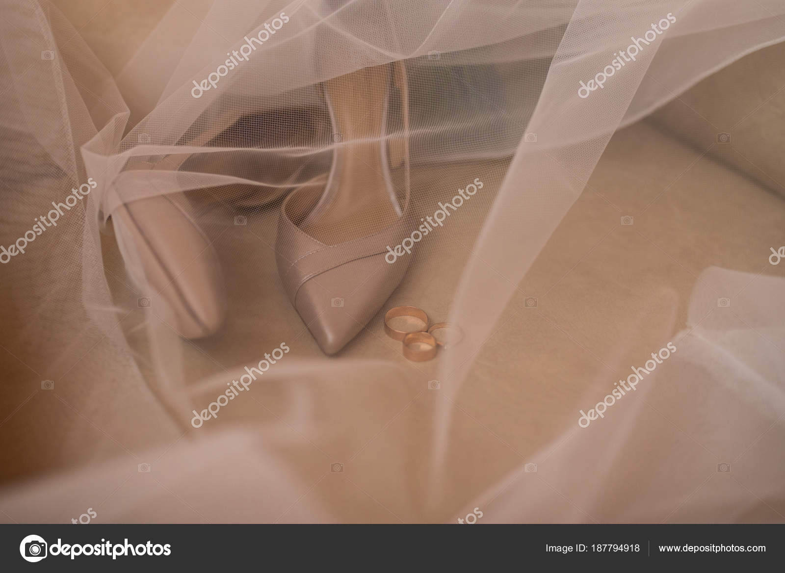 Beige Bridal Stylish Shoes Golden Rings Covered Veil Wedding