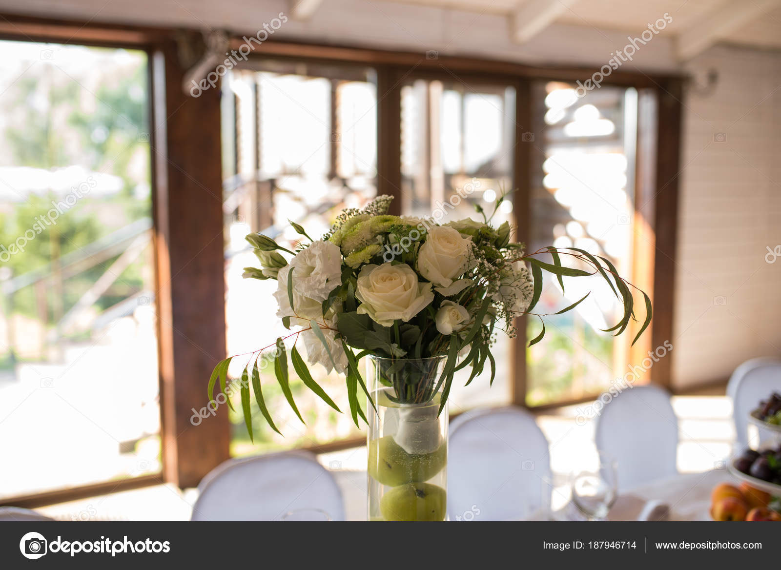 Rustic Flower Arrangement White Flowers Greenery Glass Vase Water