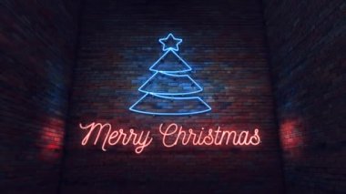 Parlak neon tabelalı Noel ağacı ikonu ve tuğla duvarda Mutlu Noeller yazılı.