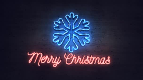 明亮的霓虹灯招牌上挂着雪湖图标 墙上挂着愉快的圣诞祝福 — 图库视频影像