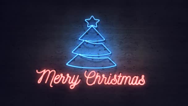 Jasná neonová cedule s ikonou vánočního stromku a veselé vánoční pozdravy na grunge stěně