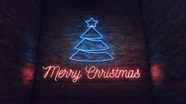 Bright Neon Sign Christmas Tree Icon Merry Christmas Greetings Brick — Stockvideo