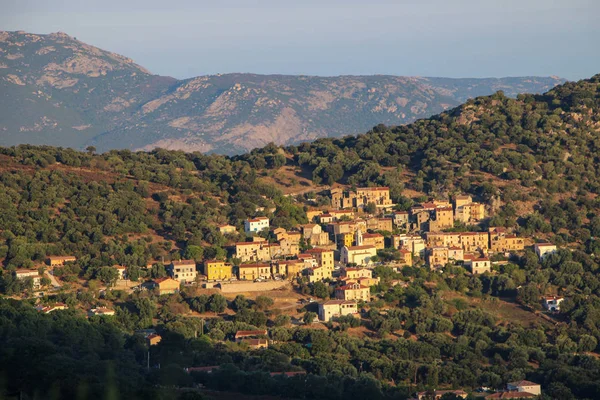 Mountain village at sunrise, Corse, France. — Stock Photo, Image