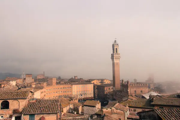 Torre del Mangia sur la Piazza del Campo dans la brume. Toscane, Italie. Vieil effet polaire . — Photo