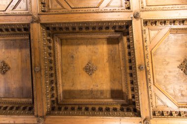 Ahşap tavan parçası koridorda Coğrafi haritalar Palazzo Vecchio, Florence, Toskana, İtalya.