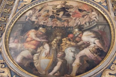 Açık havada tavan parçasındaki Salone dei Cinquecento, Palazzo Vecchio, Florence, İtalya.