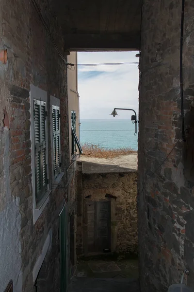 Vernazza 'da arka planda deniz olan dar bir sokak, Liguria, İtalya. — Stok fotoğraf