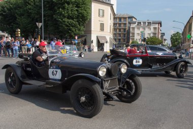 Brescia, İtalya - 19 Mayıs 2018: 19 Mayıs 2018 tarihinde İtalya 'nın Brescia kentinde yapılan ünlü italyan tarihi yarışında canlı çekim.