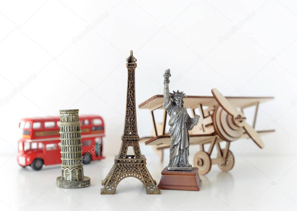Travel and tourism concept with souvenirs from around the world.
