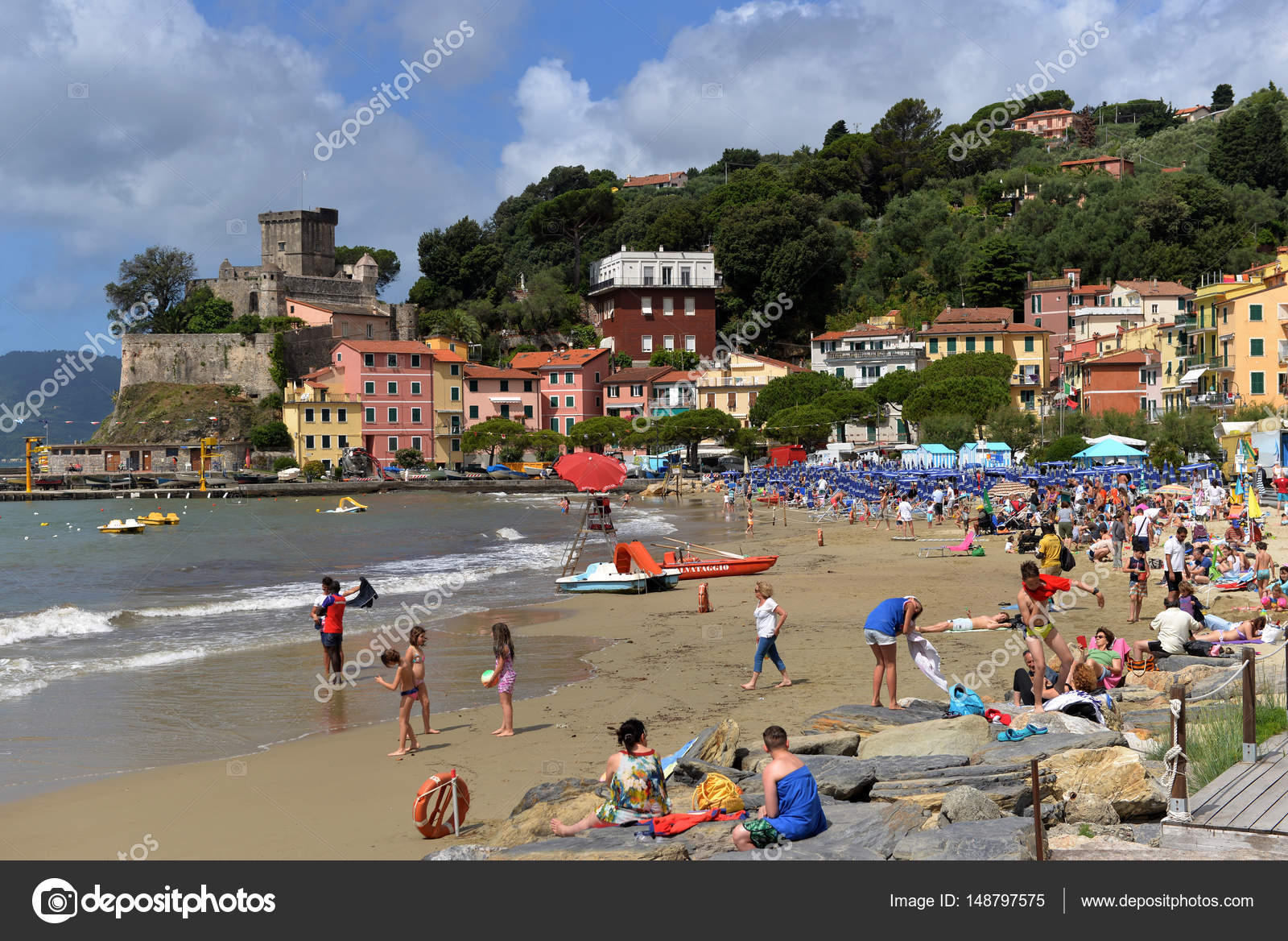 San Terenzo Lerici Beach Crowded With Bathers People In A