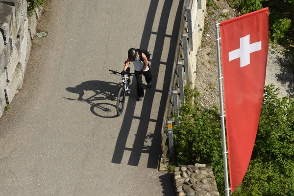 Man with bicycle and flags of Switzerland, top view from Uetliberg look-out tower in Zurich, Switzerland