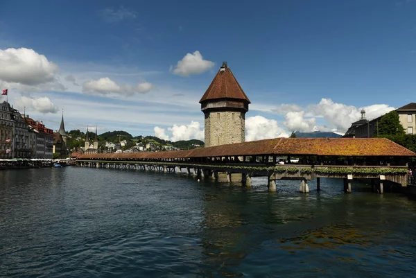 Városkép Lucerne Svájc Kápolna Híd Kapellbrucke Víztorony Luzerni Svájc — Stock Fotó