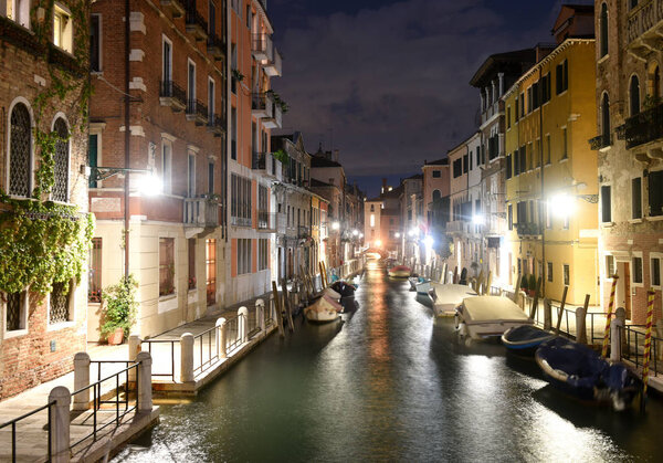 Canal Rio de la Fornace in the Venetian quarter of Dorsoduro at night, Venice, Italy.