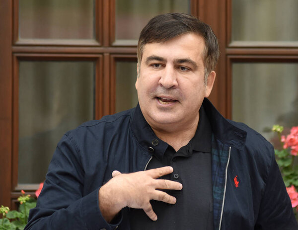  Former Georgian president Mikheil Saakashvili speaks to media near his hotel in the centre city of Lviv on September 12, 2017.