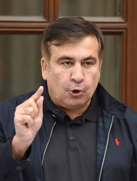  Former Georgian president Mikheil Saakashvili speaks to media near his hotel in the centre city of Lviv on September 12, 2017.