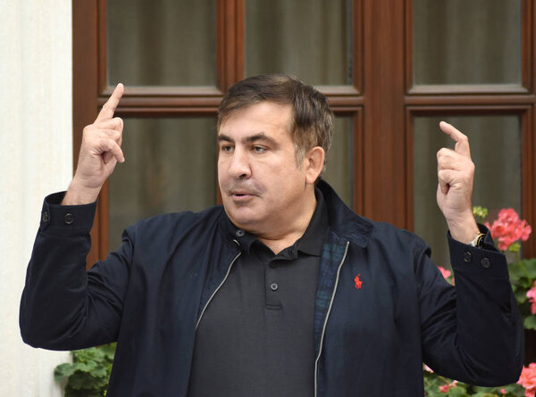  Former Georgian president Mikheil Saakashvili speaks to media near his hotel in the centre city of Lviv on September 12, 2017.