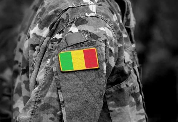 Flag of Mali on military uniform. Army, troops, soldiers. Collag — Stock Photo, Image