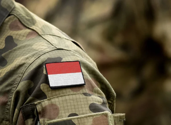 Bandera de Indonesia en uniforme militar. Ejército, tropas, soldados . — Foto de Stock