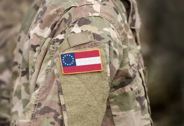 Flag of the Confederate States of America (1861-1863) on military uniform. American Civil War. Collage. — Stock Photo, Image