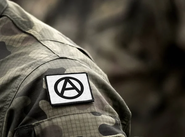 Circle-A symbol for anarchy on military uniform. Anarchist symbolism. — Stock Photo, Image