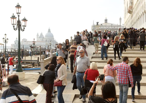 Crowd of tourists in center of Venice and Basilica Santa Maria della Salute on the backgrounds. — Stock Photo, Image