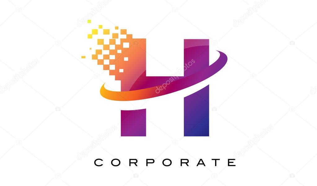 Letter H Colourful Logo. Rainbow H Letter Icon with Shattered Blocks.