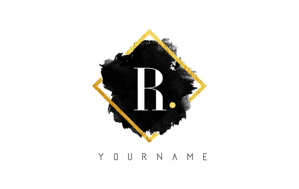 R Carta Logo Design com traço preto e moldura dourada . —  Vetores de Stock
